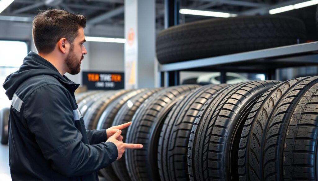 Tehnician auto explicând diferențele între anvelopele de iarnă 2025