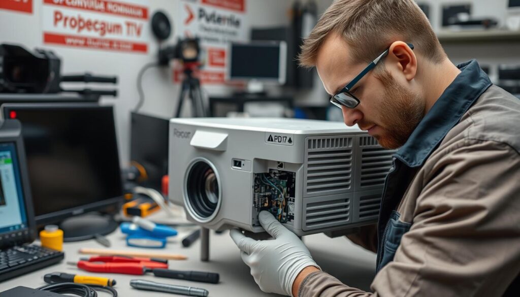Tehnician reparând un videoproiector într-un centru de service din România