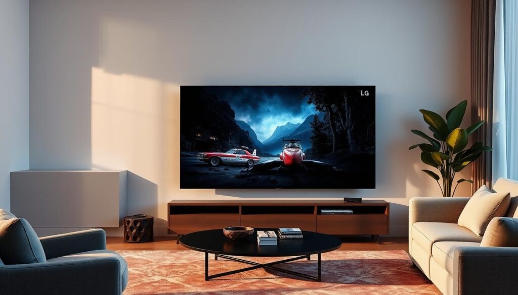 Televizor LG OLED C5 2025 într-un living modern, afișând o imagine de înaltă calitate