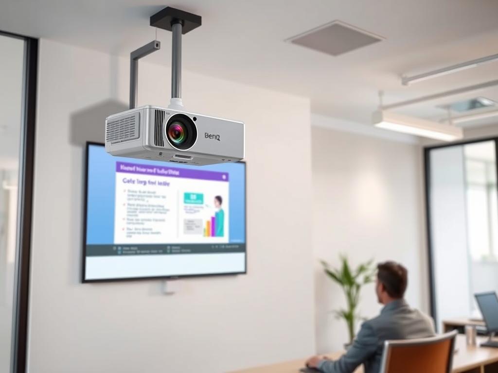 Videoproiector BenQ WXGA MW560 într-un birou modern proiectând o prezentare