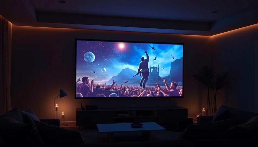 Videoproiector Epson CO-FH02 proiectând un film într-un living întunecat