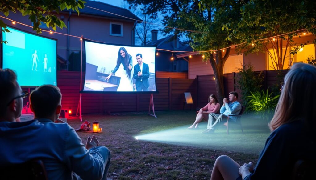 Videoproiector ZENKABEAT ZK8320-Ultra proiectând un film în aer liber