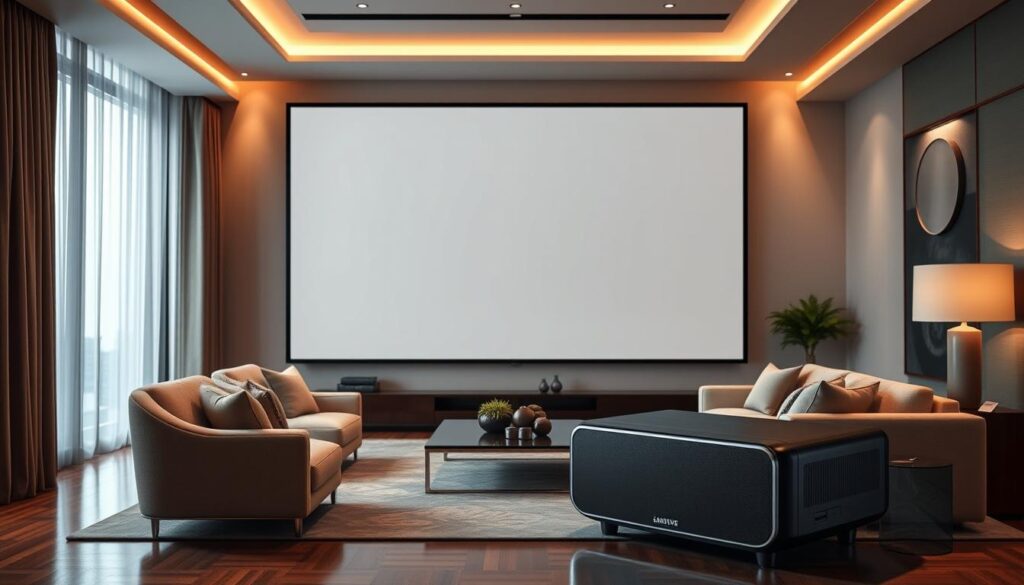 Videoproiector laser Samsung The Premiere LSP9T într-un living de lux