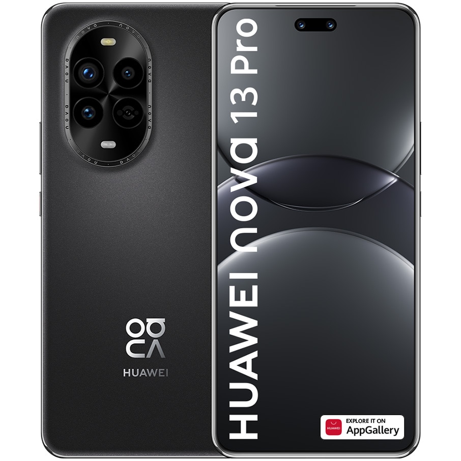 Huawei Nova 13 Pro prezentat din față și spate, evidențiind camera frontală duală și designul elegant, un candidat pentru cel mai bun telefon Huawei 2025