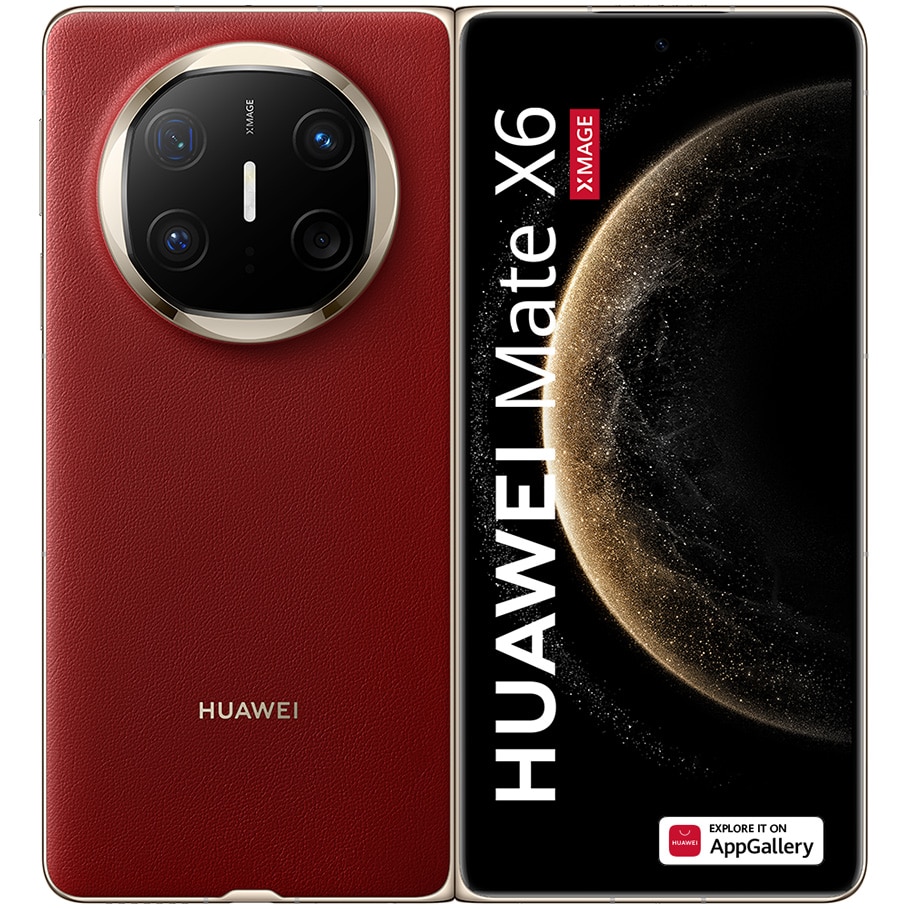 Huawei Mate X6 prezentat atât pliat cât și deschis, evidențiind ecranul pliabil și mecanismul de pliere, un candidat pentru cel mai bun telefon Huawei 2025