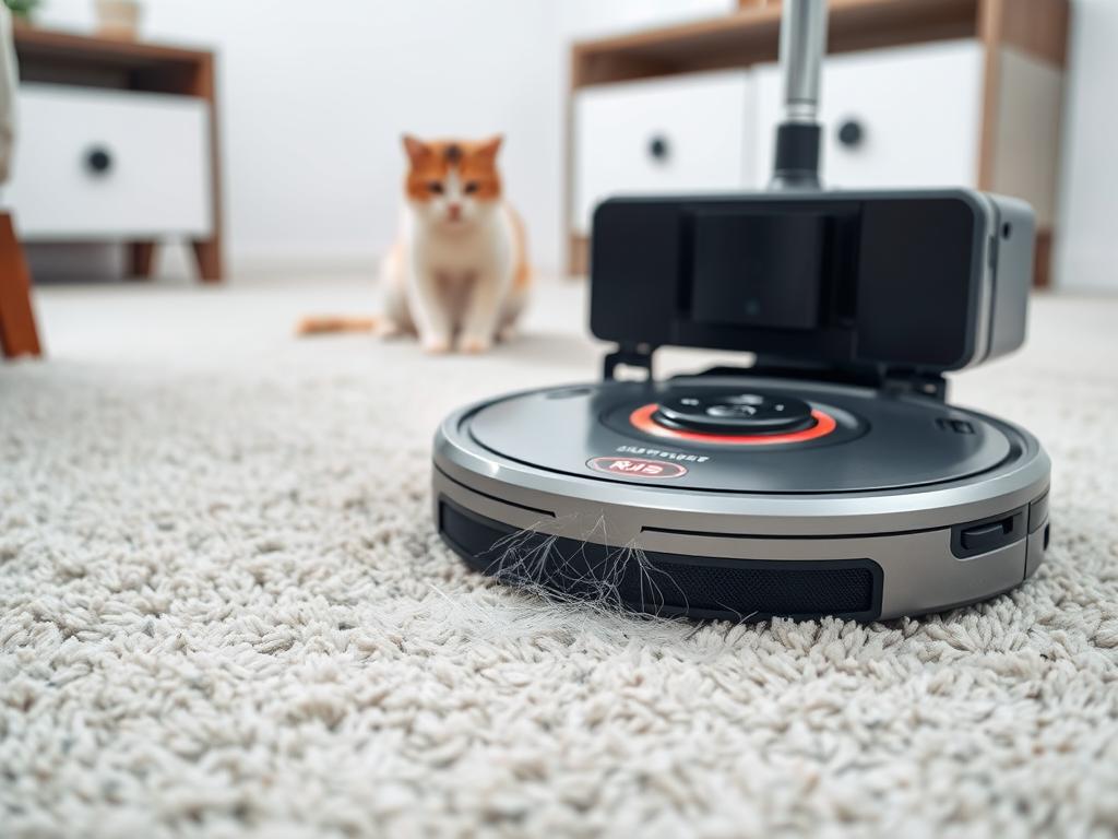 Aspirator robot colectând eficient păr de animale de pe covor