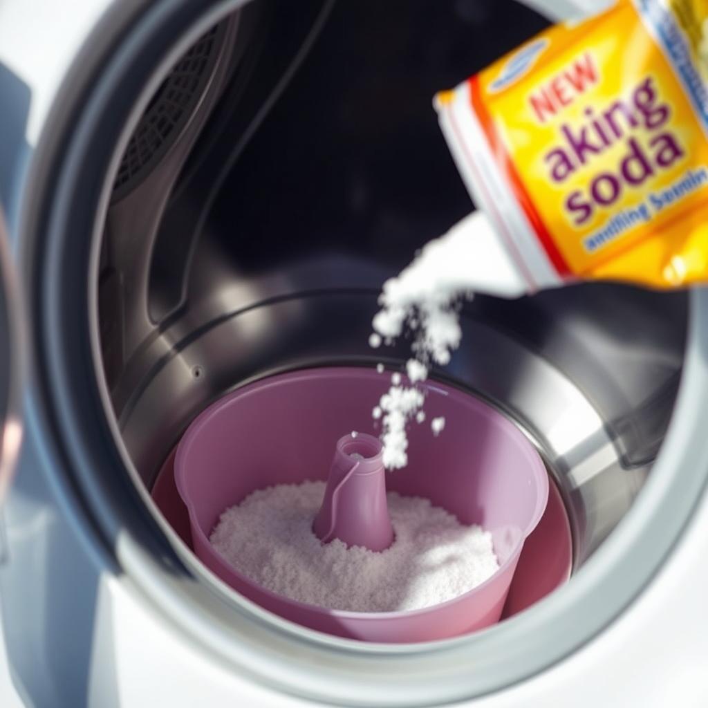 Bicarbonat de sodiu turnat în compartimentul de detergent al mașinii de spălat pentru eliminarea mirosului urât
