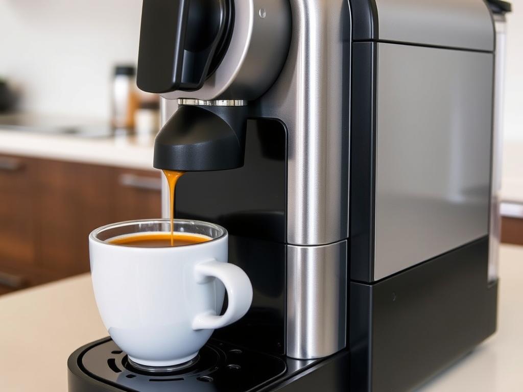 Cafetiera Nespresso Inissia preparând un espresso din capsulă într-o ceașcă elegantă Cafetiera Nespresso Inissia preparând un espresso din capsulă într-o ceașcă elegantă