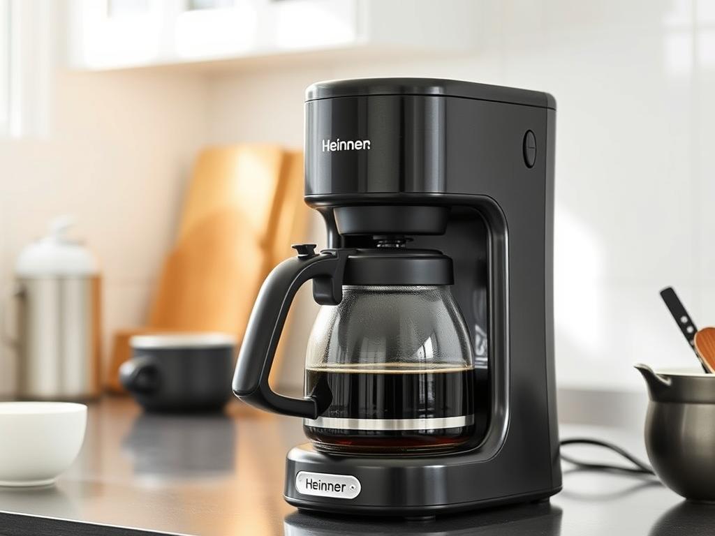 Cafetiera economică Heinner HCM-800BK preparând cafea într-o bucătărie simplă Cafetiera economică Heinner HCM-800BK preparând cafea într-o bucătărie simplă