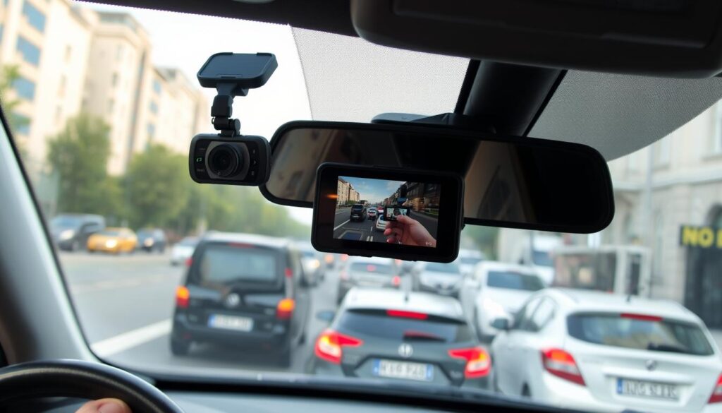 Cameră auto montată pe parbrizul unei mașini în traficul din București, 2025