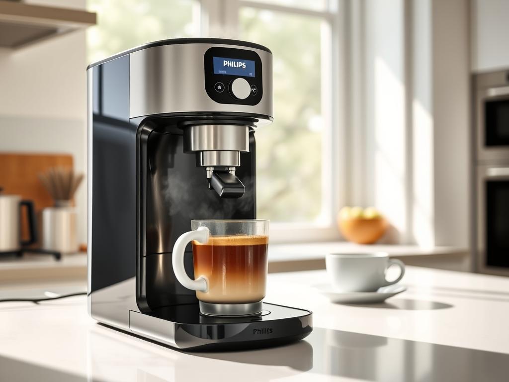 Cea mai bună cafetieră pentru acasă Philips HD7546/20 preparând cafea într-o bucătărie luminoasă Cea mai bună cafetieră pentru acasă Philips HD7546/20 preparând cafea într-o bucătărie luminoasă