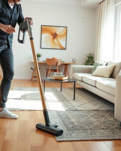 Cel mai bun aspirator vertical pentru apartamente utilizat într-un living modern