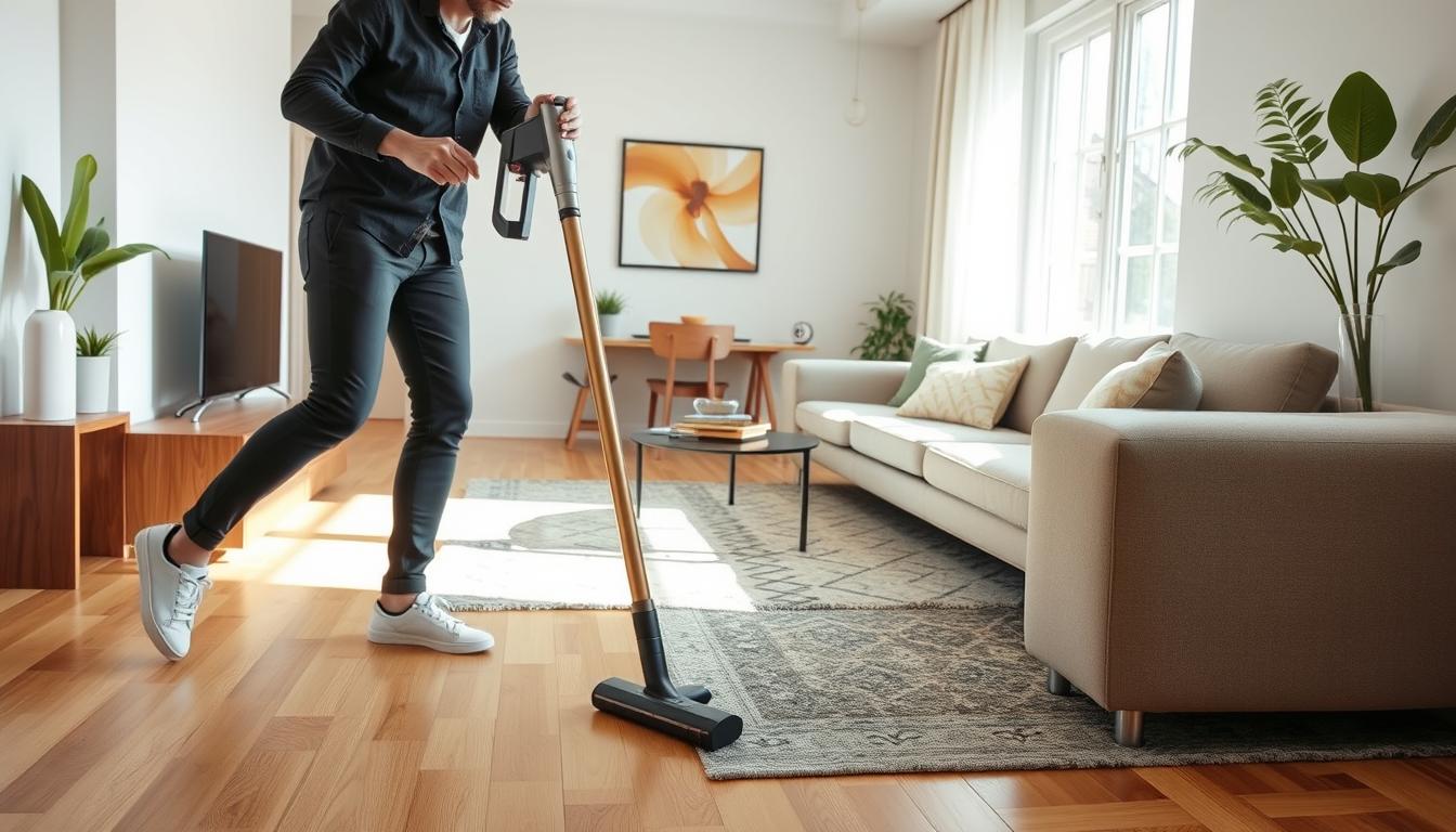 Cel mai bun aspirator vertical pentru apartamente utilizat într-un living modern