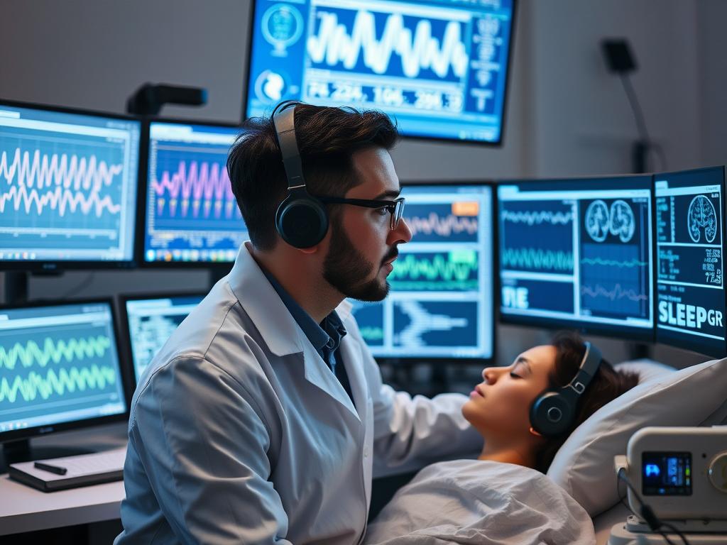 Cercetător analizând date despre cum îți afectează somnul ecranele într-un laborator de somn Cercetător analizând date despre cum îți afectează somnul ecranele într-un laborator de somn