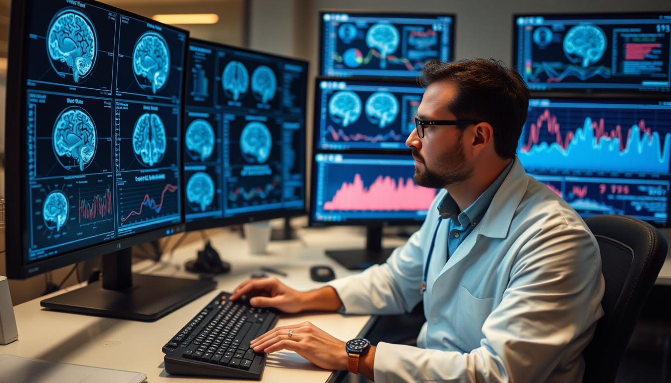 Cercetător analizând date despre impactul detoxului digital asupra sănătății mentale Cercetător analizând date despre impactul detoxului digital asupra sănătății mentale