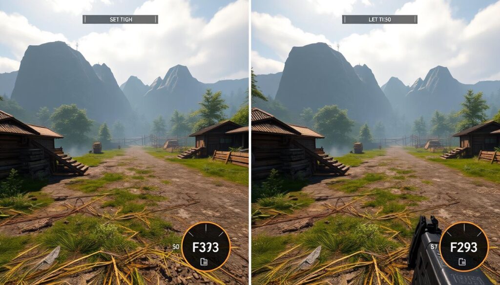 Comparație între setări grafice înalte și joase într-un joc pentru optimizare PC vechi