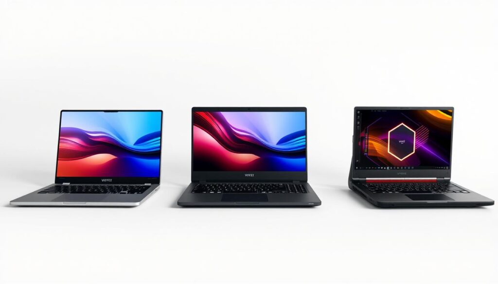 Comparație vizuală între laptopuri pentru școală, muncă și gaming, evidențiind diferențele de design și construcție