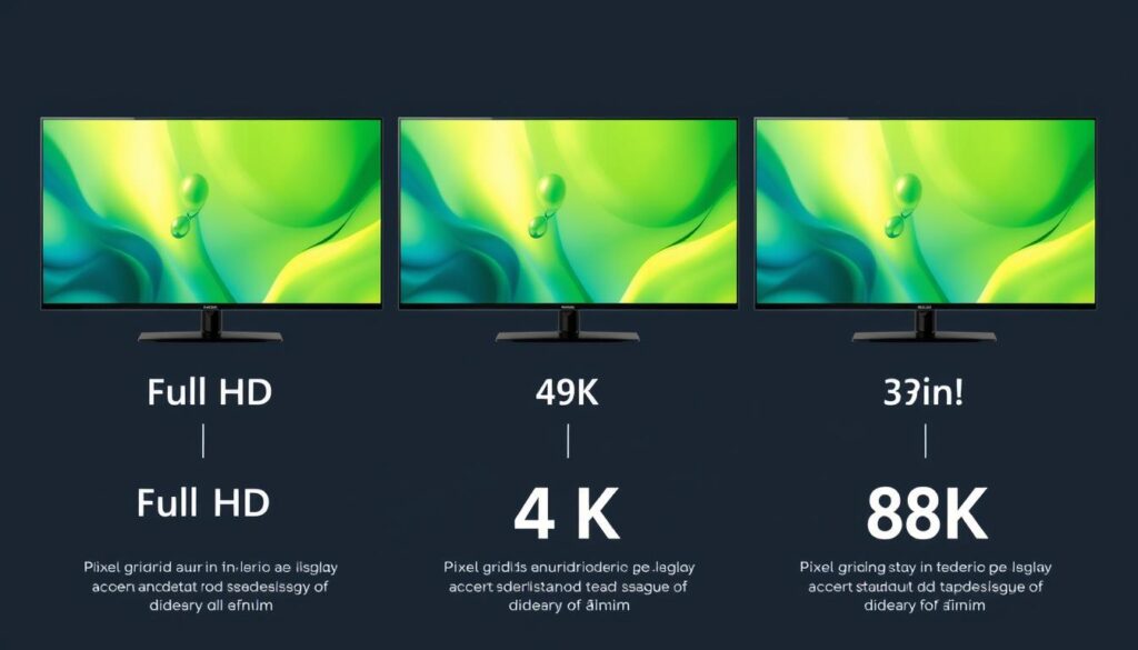 Comparație vizuală între rezoluțiile Full HD, 4K și 8K arătând diferența de claritate