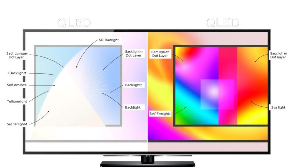 Comparație vizuală între tehnologiile QLED și OLED diferențe în structura panourilor