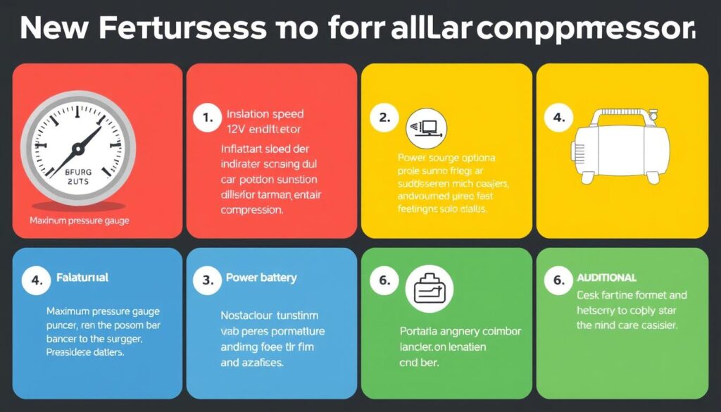 Compresor auto portabil cu principalele caracteristici evidențiate: presiune maximă, viteză de umflare, sursă de alimentare