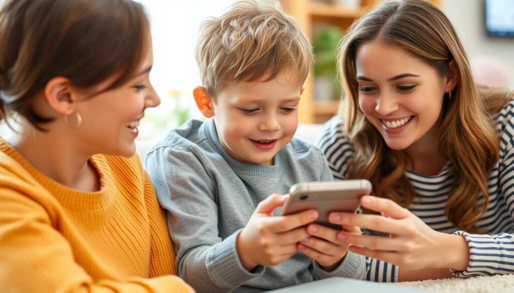 Copil folosind responsabil un telefon sub supravegherea părinților
