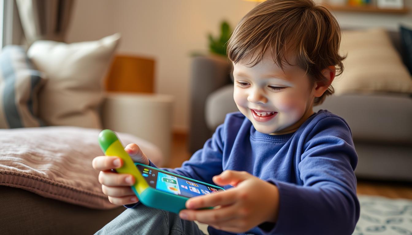 Copil folosind un telefon special conceput pentru siguranța și educația sa