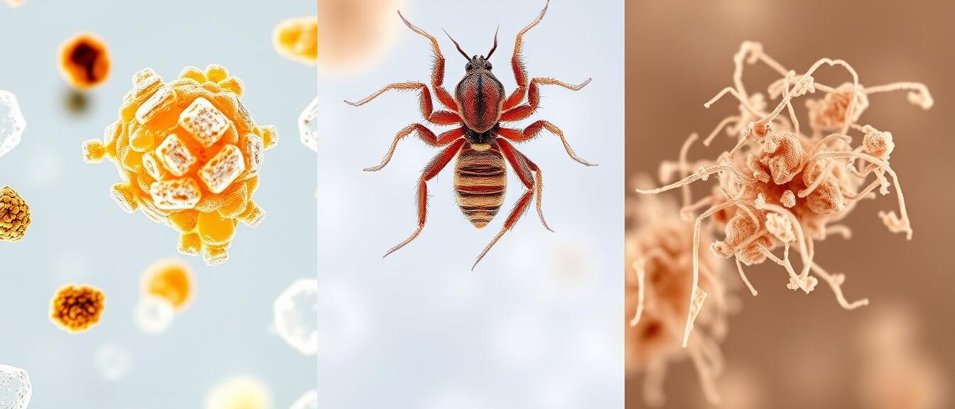 Diferite tipuri de alergeni: polen, acarieni și păr de animale vizualizate microscopic Diferite tipuri de alergeni: polen, acarieni și păr de animale vizualizate microscopic