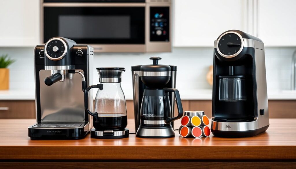 Diferite tipuri de cafetiere pentru acasă aranjate pe un blat de bucătărie modern