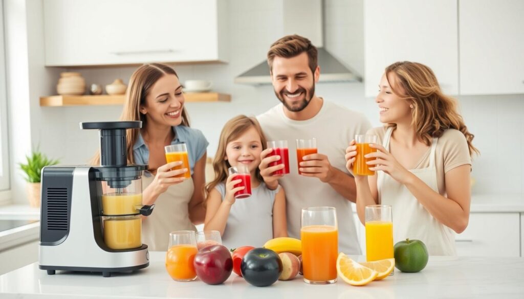 Familie bucurându-se de suc proaspăt preparat cu storcătorul de fructe pentru dimineți rapide în România 2025 Familie bucurându-se de suc proaspăt preparat cu storcătorul de fructe pentru dimineți rapide în România 2025