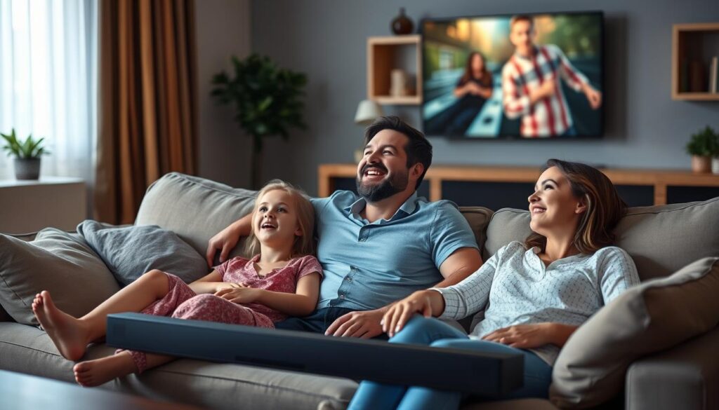 Familie bucurându-se de un film cu soundbar