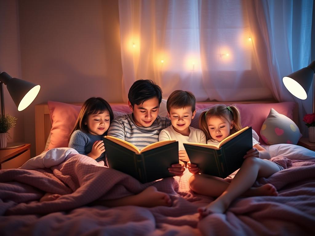 Familie citind împreună cărți fizice înainte de culcare, ca alternativă la ecrane Familie citind împreună cărți fizice înainte de culcare, ca alternativă la ecrane