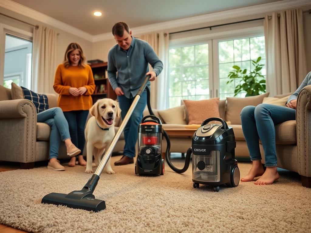Familie cu animale de companie folosind un aspirator clasic într-o casă spațioasă Familie cu animale de companie folosind un aspirator clasic într-o casă spațioasă