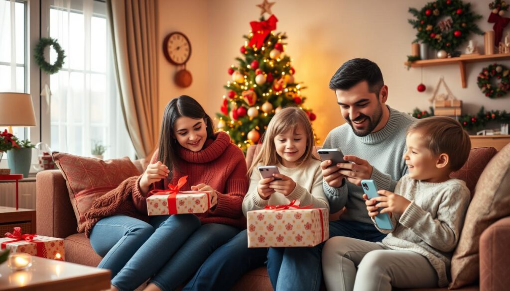 Familie deschizând cadouri tech de Crăciun în România