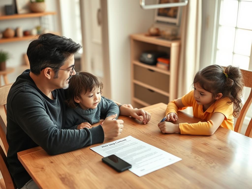 Familie discutând regulile de utilizare a telefonului Familie discutând regulile de utilizare a telefonului
