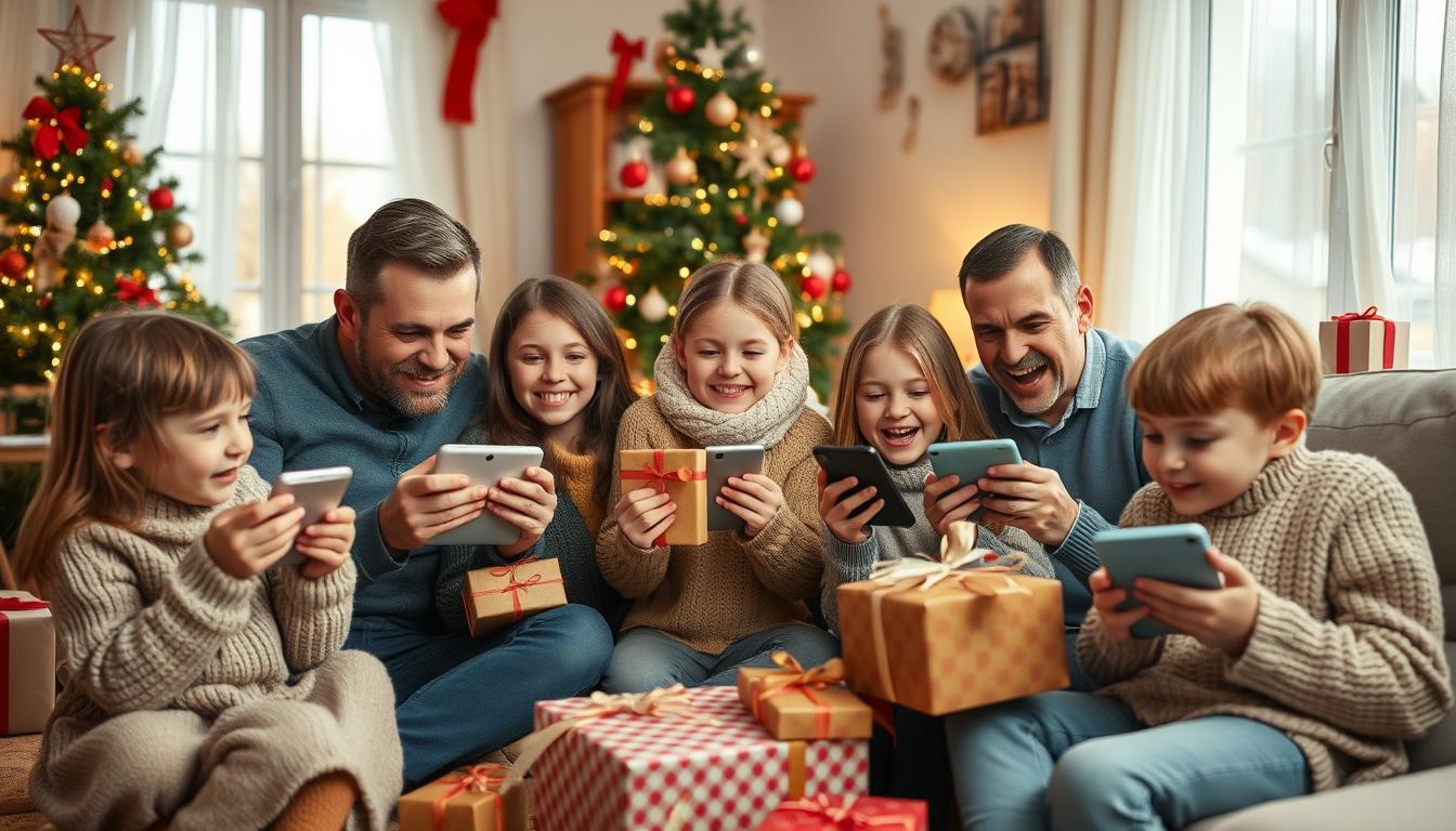 Familie fericită deschizând cadouri tech de Crăciun 2025 în România Familie fericită deschizând cadouri tech de Crăciun 2025 în România