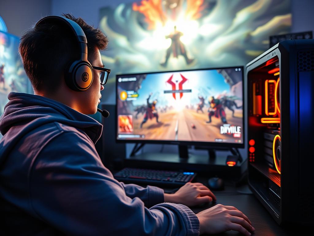 Gamer entuziast cu setup 4K și monitor de gaming performant Gamer entuziast cu setup 4K și monitor de gaming performant