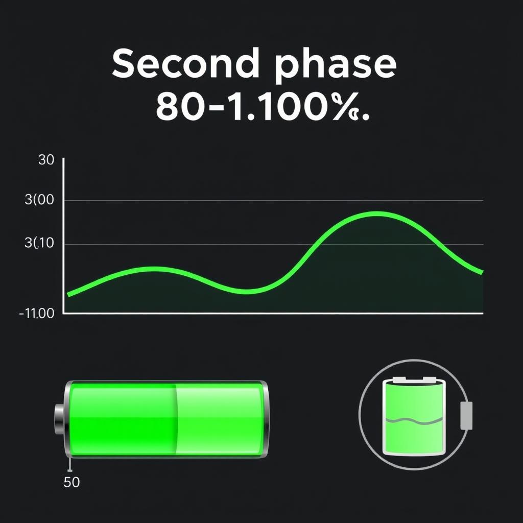 Grafic arătând încetinirea vitezei de încărcare în faza a doua (80-100%) Grafic arătând încetinirea vitezei de încărcare în faza a doua (80-100%)