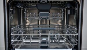 Interior al unei mașini de spălat vase arătând materialul cuvei și sistemul de coșuri Interior al unei mașini de spălat vase arătând materialul cuvei și sistemul de coșuri