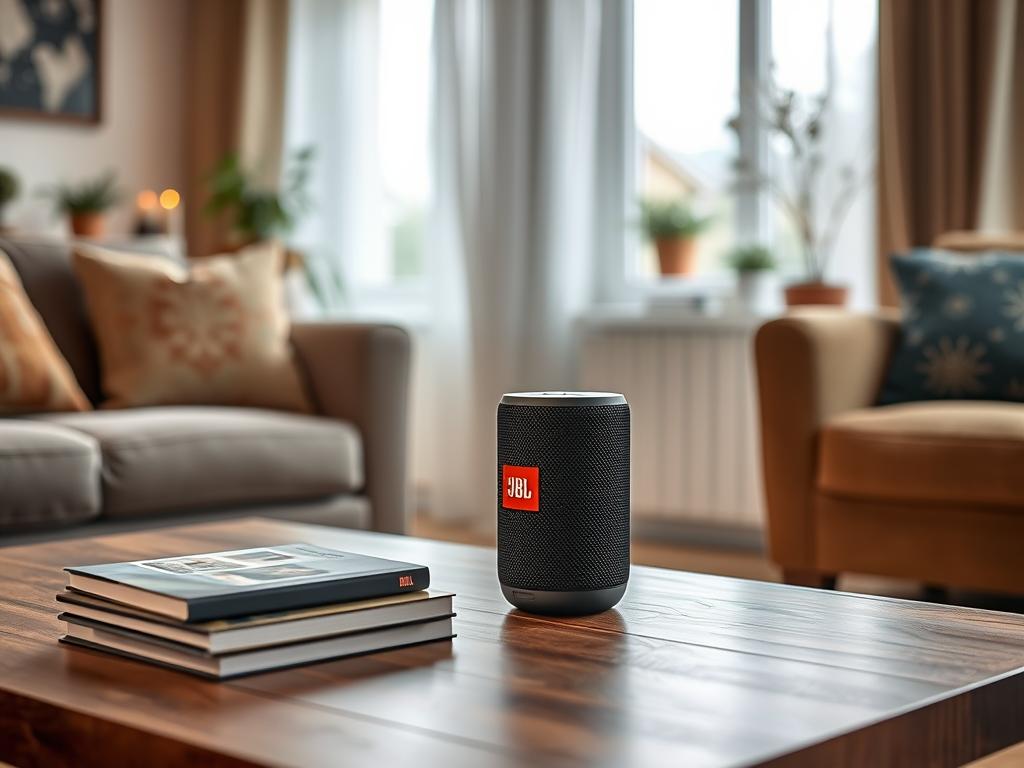 JBL Charge 5 pe o masă într-un living românesc