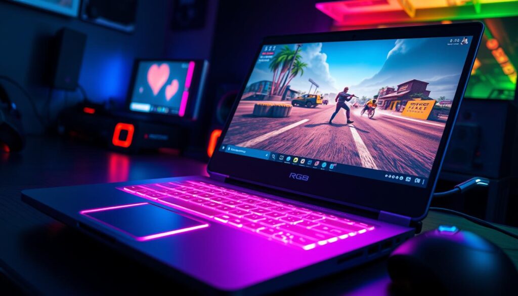 Laptop de gaming în acțiune, cu iluminare RGB și joc pe ecran