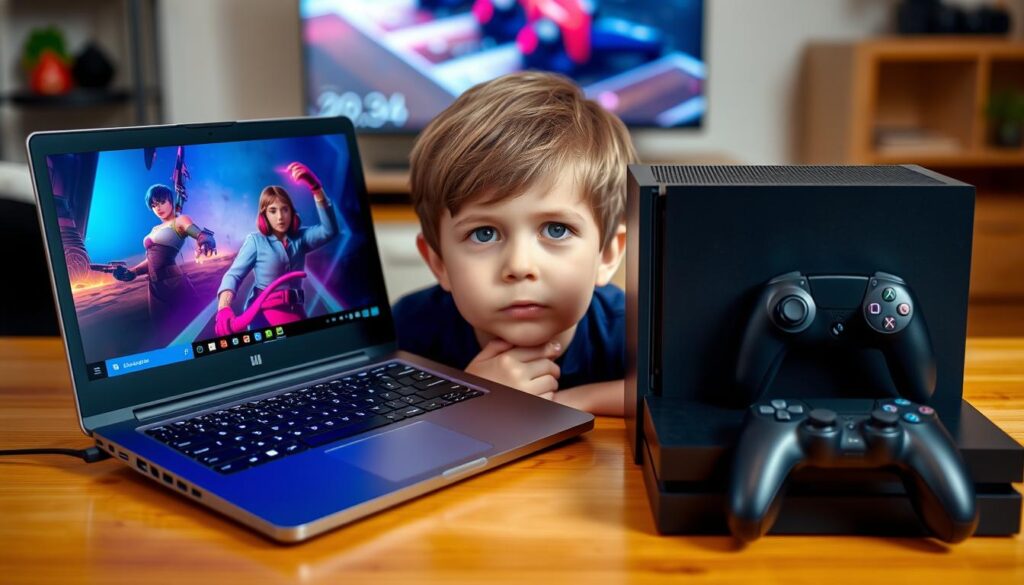 Laptop gaming vs consolă pentru copii - comparație vizuală a celor două dispozitive de gaming