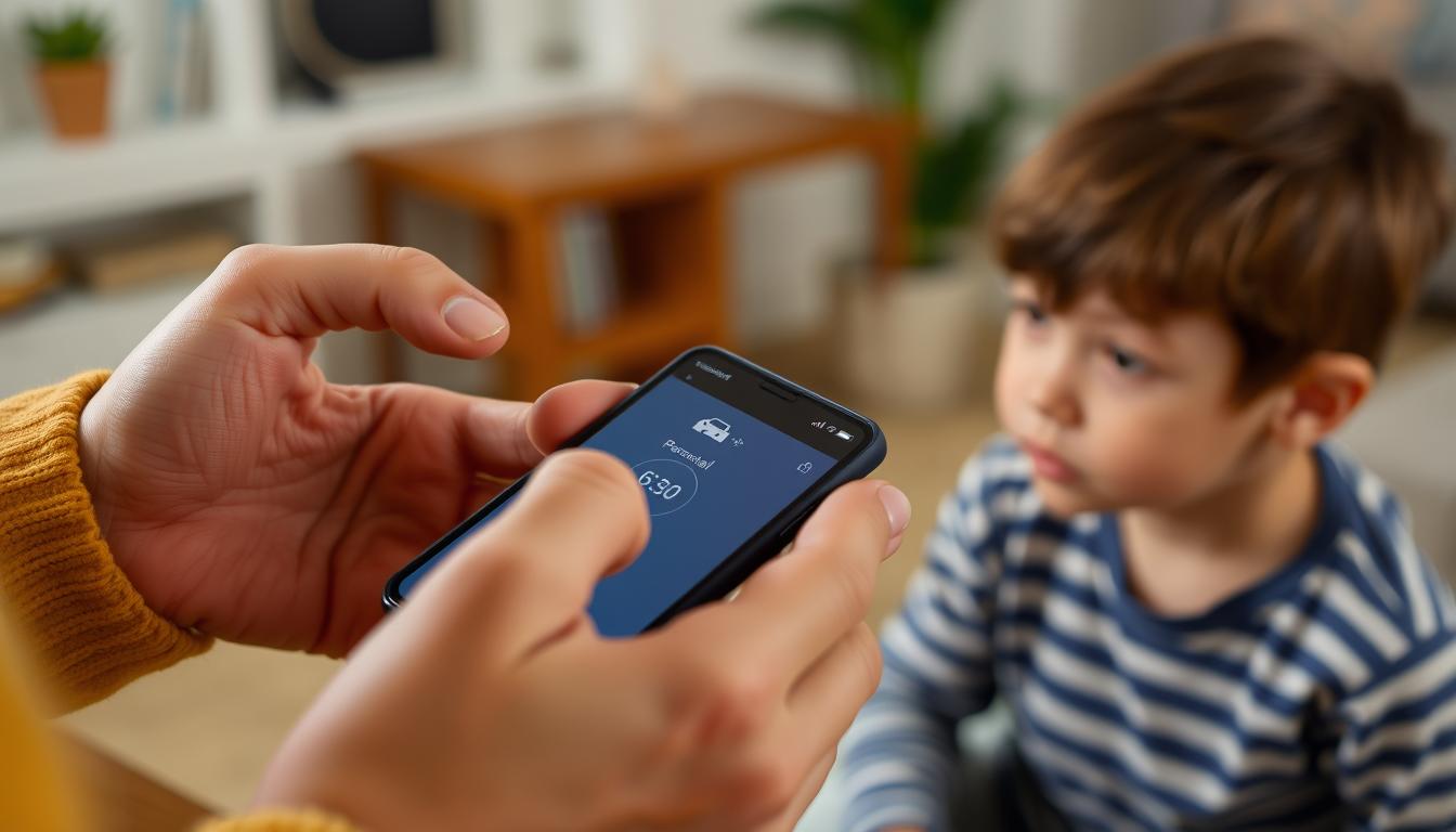Părinte configurând setările de control parental pe telefonul copilului Părinte configurând setările de control parental pe telefonul copilului