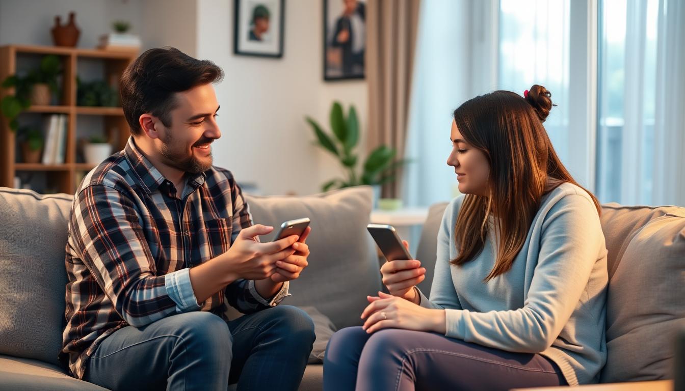 Părinte discutând cu copilul despre utilizarea sănătoasă a telefonului