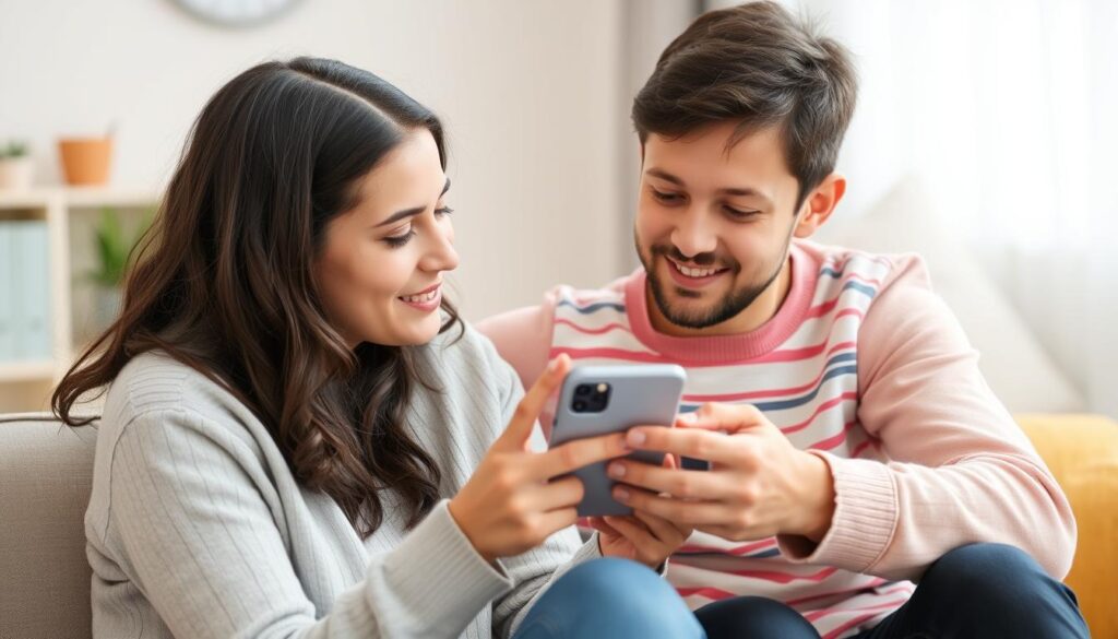 Părinte explicând unui copil cum să folosească responsabil un telefon