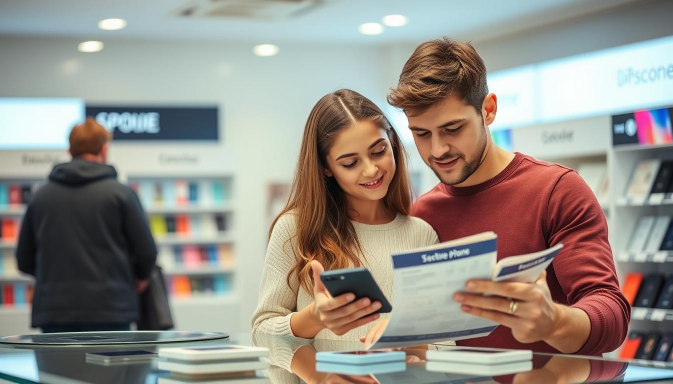 Părinte și copil analizând opțiunile de telefoane și planuri tarifare Părinte și copil analizând opțiunile de telefoane și planuri tarifare