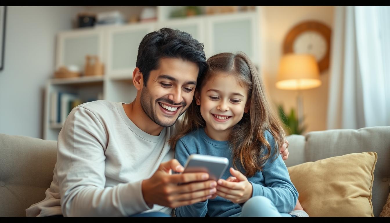 Părinte și copil bucurându-se împreună de tehnologie într-un mod sănătos și echilibrat Părinte și copil bucurându-se împreună de tehnologie într-un mod sănătos și echilibrat