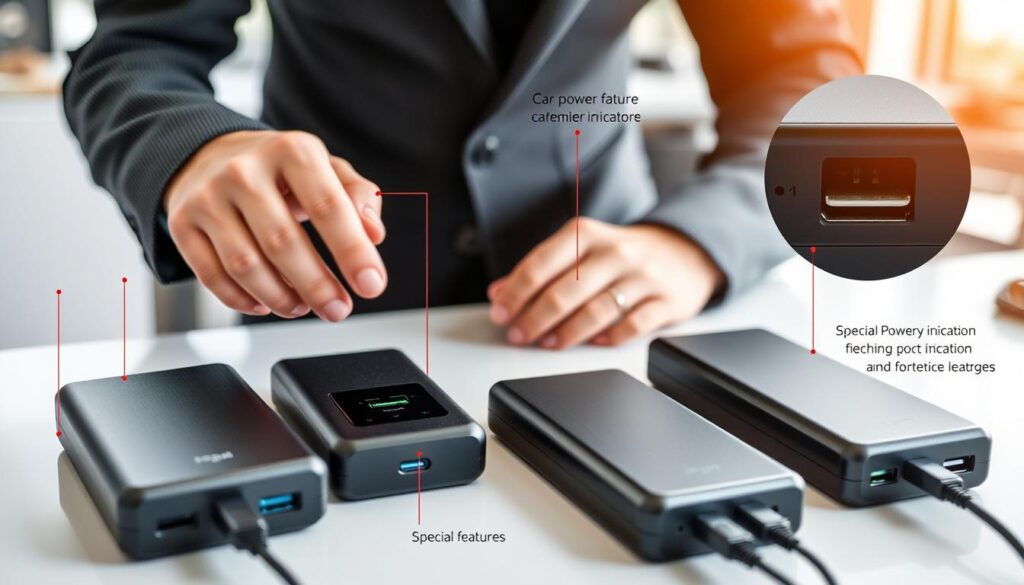 Persoană analizând diferite caracteristici ale unui power bank pentru mașină