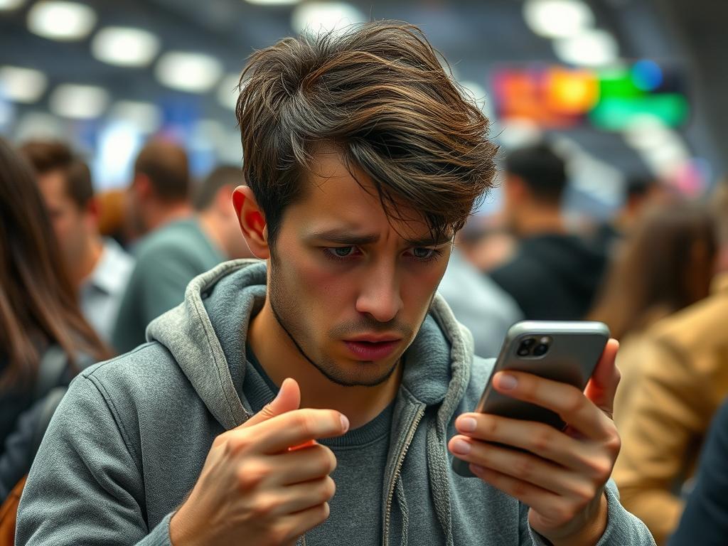 Persoană care manifestă anxietate când telefonul are bateria descărcată, un simptom al dependenței de telefon