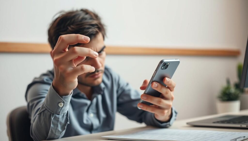 Persoană care verifică telefonul compulsiv, ilustrând dependența de telefon
