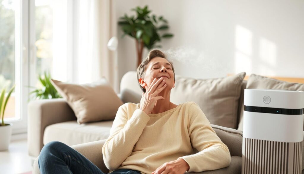 Persoană cu alergii respirând ușor într-o cameră cu purificator de aer Persoană cu alergii respirând ușor într-o cameră cu purificator de aer